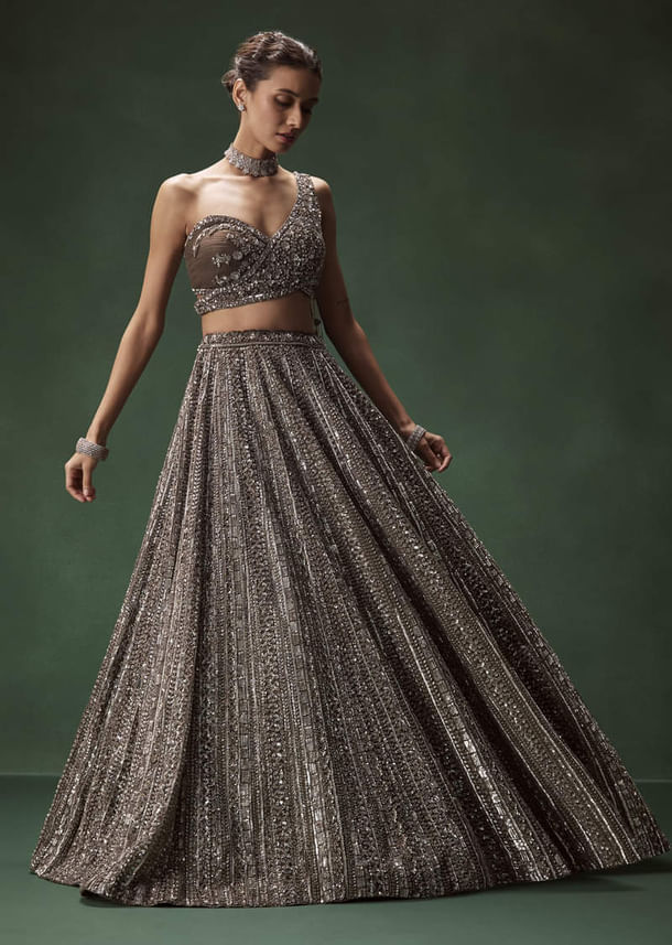 Brown One Shoulder Bridal Lehenga Set With All Over Sequins