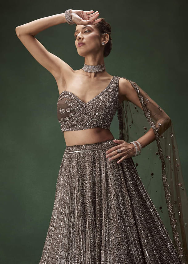 Brown One Shoulder Bridal Lehenga Set With All Over Sequins