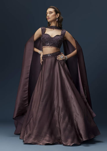 Brown Organza Lehenga Set With Sleeveless Sweetheart Blouse And Dupatta
