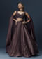 Brown Organza Lehenga Set With Sleeveless Sweetheart Blouse And Dupatta