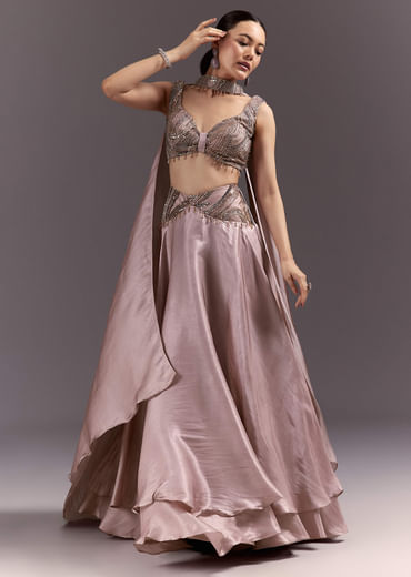 Brown Organza Lehenga With Sweetheart Neck Blouse And Choker Dupatta