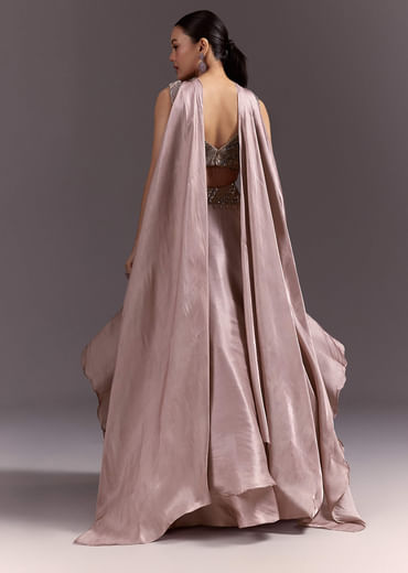 Brown Organza Lehenga With Sweetheart Neck Blouse And Choker Dupatta