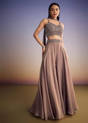 Brown Organza Palazzo Set With Cutdana And Sequins Dupatta