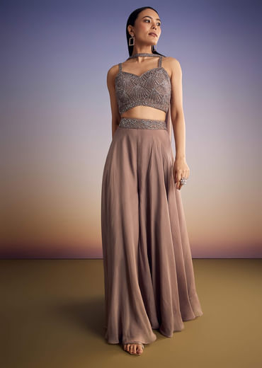 Brown Organza Palazzo Set With Cutdana And Sequins Dupatta