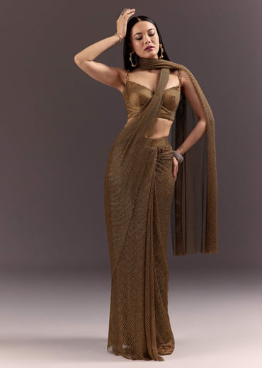 Brown Pre Stitched Crystal Embroidered Saree