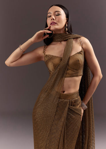 Brown Pre Stitched Crystal Embroidered Saree