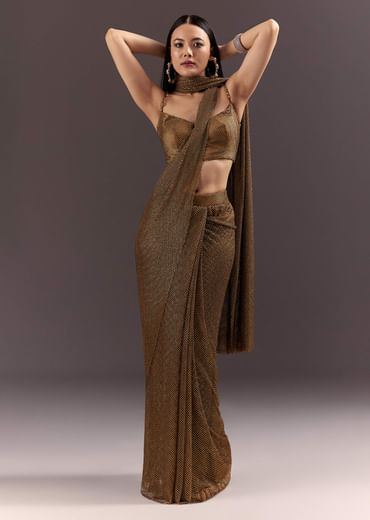 Brown Pre Stitched Crystal Embroidered Saree