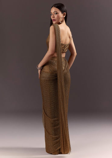 Brown Pre Stitched Crystal Embroidered Saree