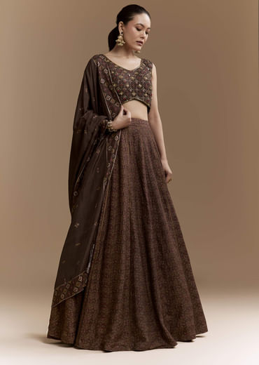 Brown Printed Silk Bridesmaid Lehenga Set with Dupatta Brown Printed Silk Bridesmaid Lehenga Set with Dupatta
