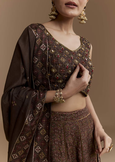 Brown Printed Silk Bridesmaid Lehenga Set with Dupatta Brown Printed Silk Bridesmaid Lehenga Set with Dupatta