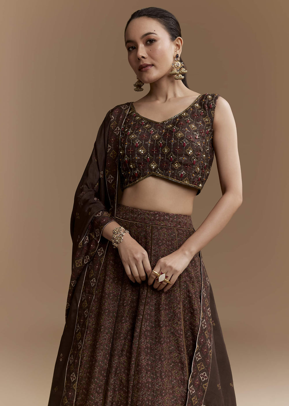 Brown Printed Silk Bridesmaid Lehenga Set with Dupatta