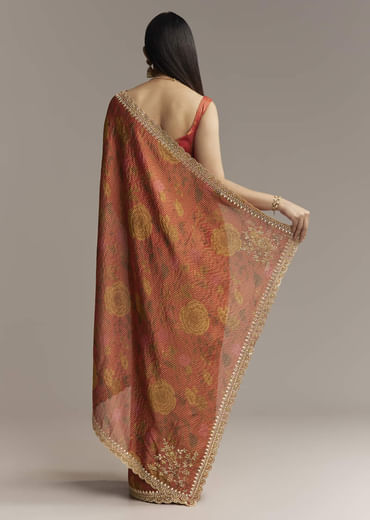 Brown Red Tissue Saree With Mirror And Zari Work