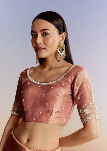 Brown Rust Crush Tissue Saree With Gota And Beads Embroidery
