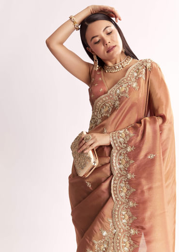 Brown Rust Crush Tissue Saree With Gota Zari And Beads Embroidery