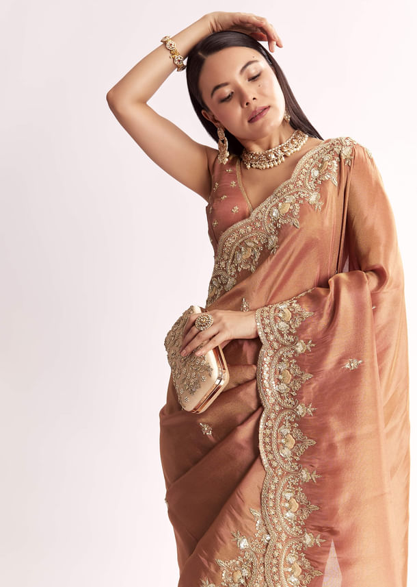 Brown Rust Crush Tissue Saree With Gota Zari And Beads Embroidery