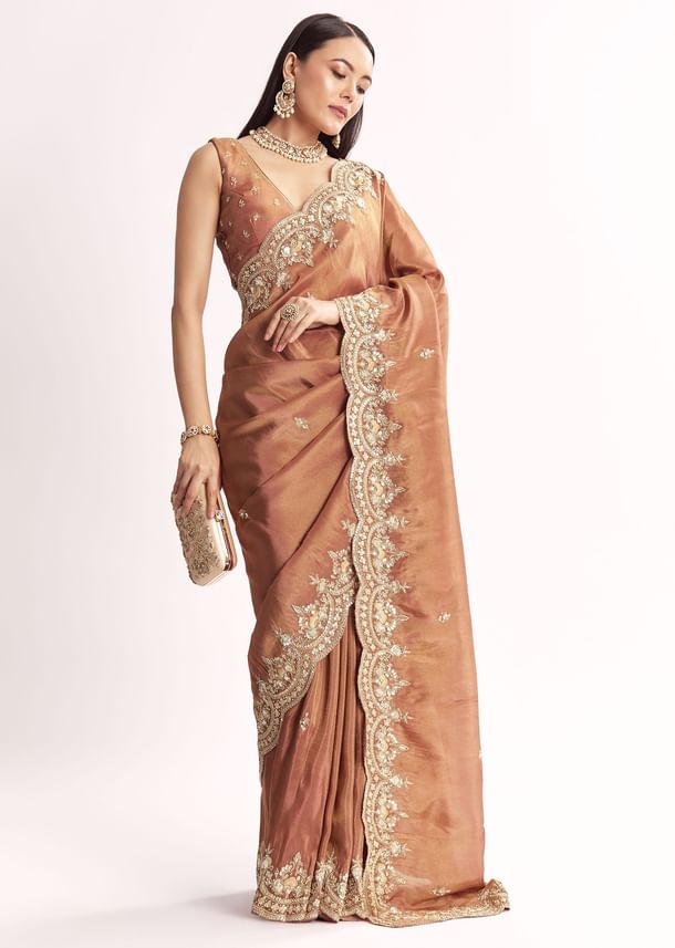 Brown Rust Crush Tissue Saree With Gota Zari And Beads Embroidery