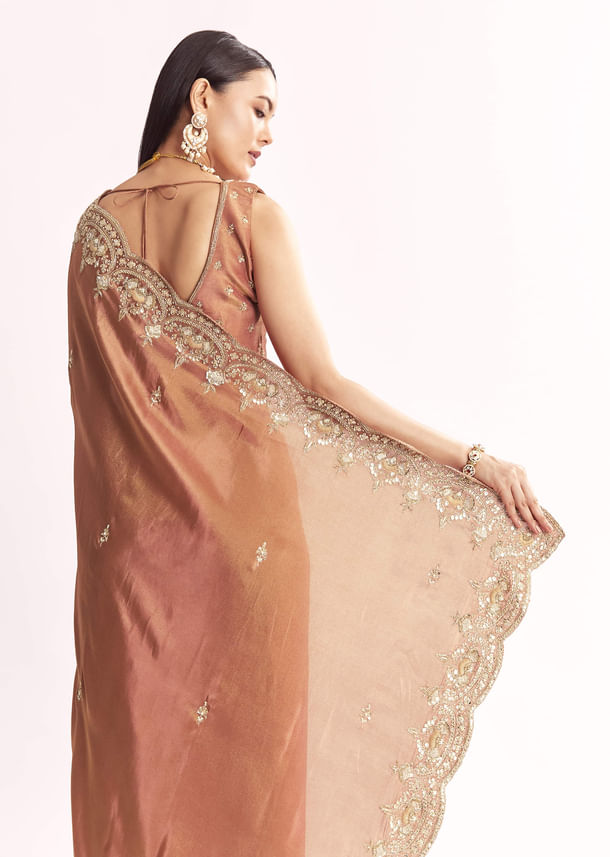 Brown Rust Crush Tissue Saree With Gota Zari And Beads Embroidery
