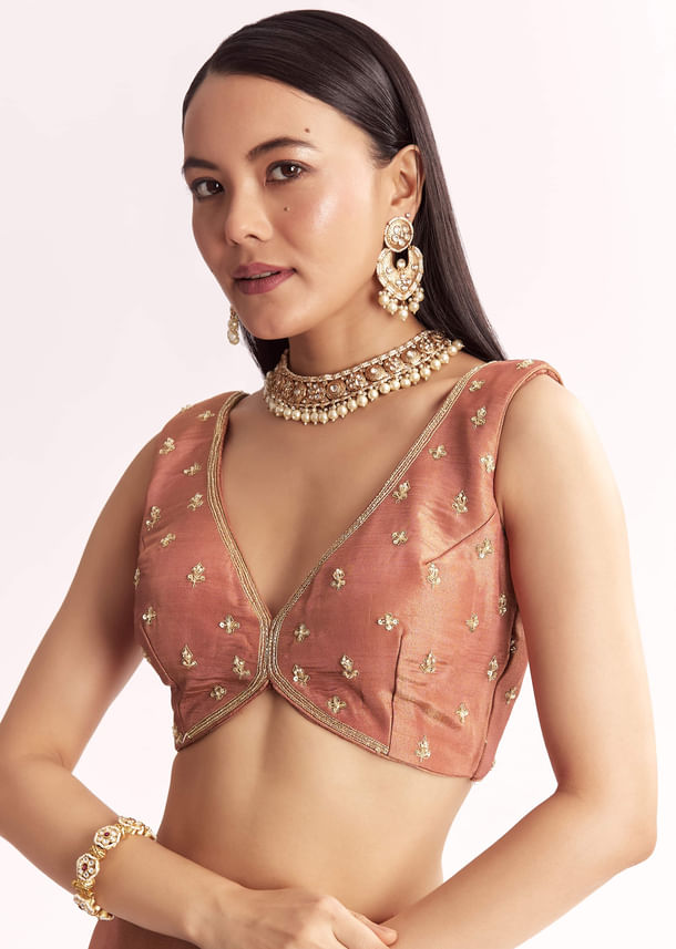 Brown Rust Crush Tissue Saree With Gota Zari And Beads Embroidery