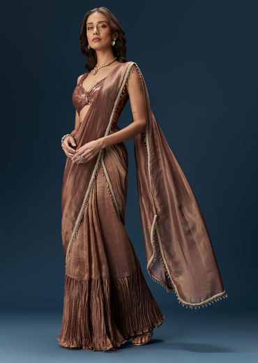 Brown Saree With Banarasi Blouse And Pre Stitched Drape