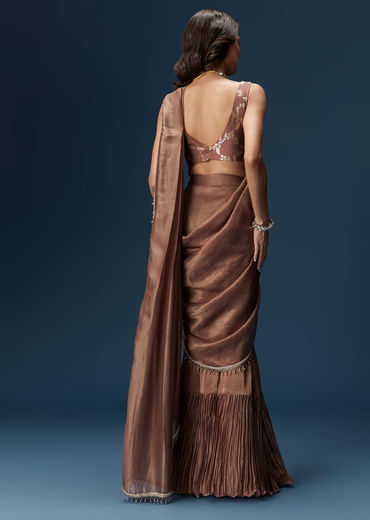 Brown Saree With Banarasi Blouse And Pre Stitched Drape