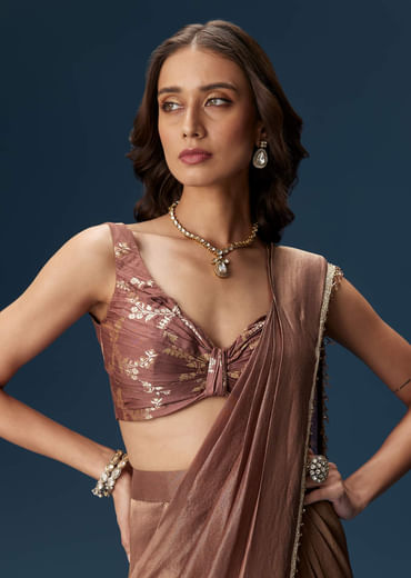 Brown Saree With Banarasi Blouse And Pre Stitched Drape