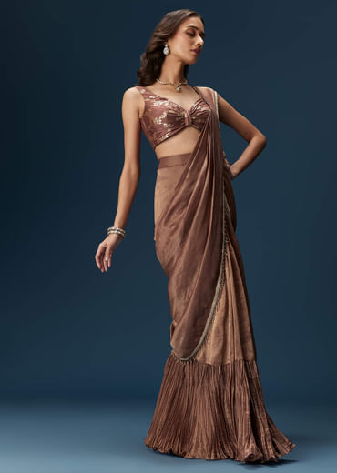 Brown Saree With Banarasi Blouse And Pre Stitched Drape