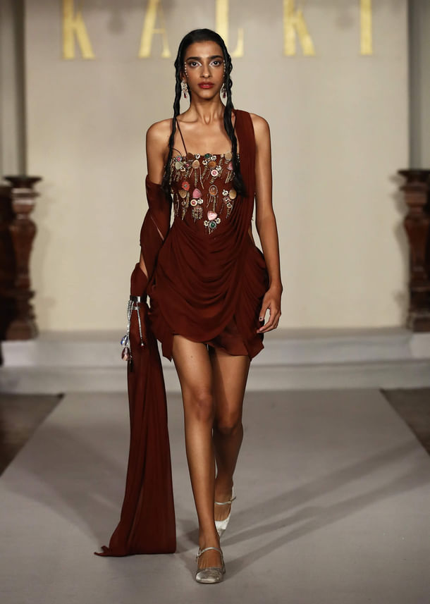 Brown Satin Bridal Mini Dress With Kundan Embroidery