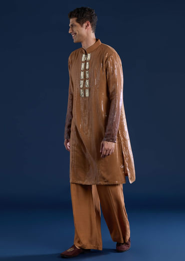 Brown Sequin Work Mens Kurta and Pant Set