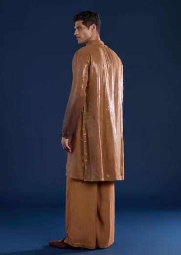 Brown Sequin Work Mens Kurta and Pant Set