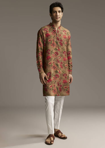 Brown Silk Designer Kurta For Men With Floral Print