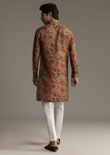 Brown Silk Designer Kurta For Men With Floral Print