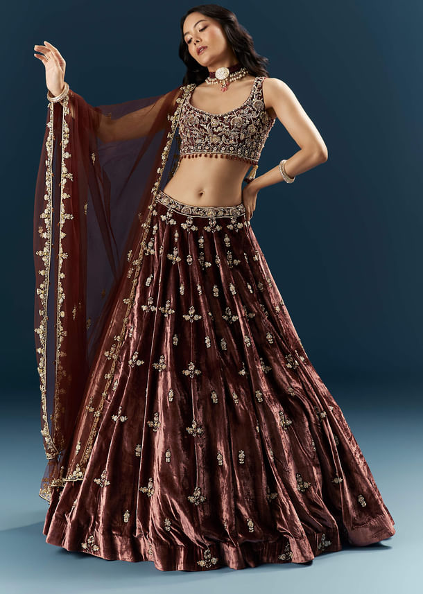 Brown Velvet Bridal Lehenga With Rose Gold Embroidery
