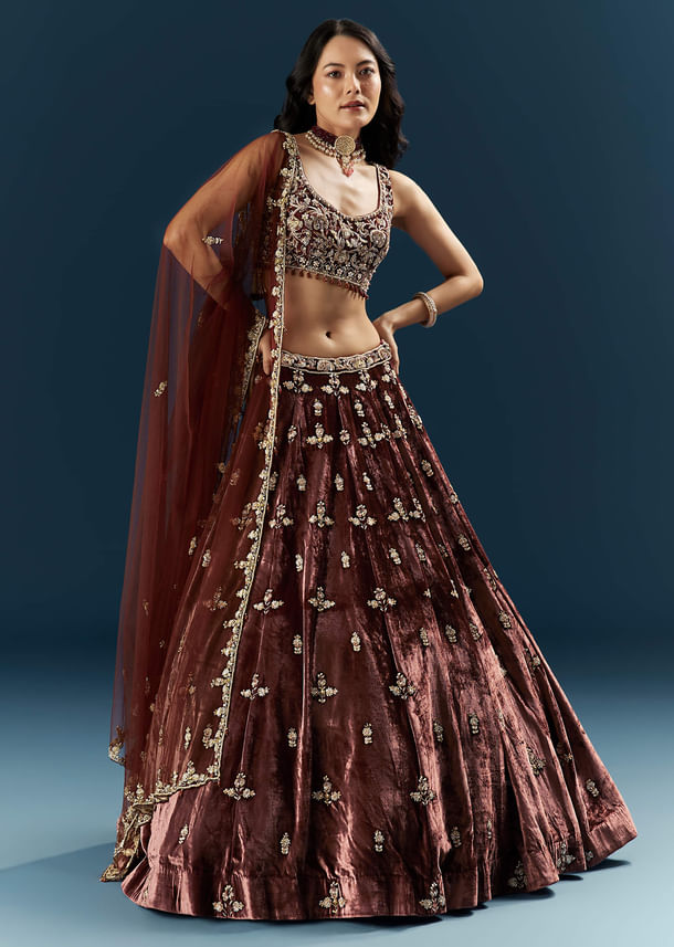 Brown Velvet Bridal Lehenga With Rose Gold Embroidery