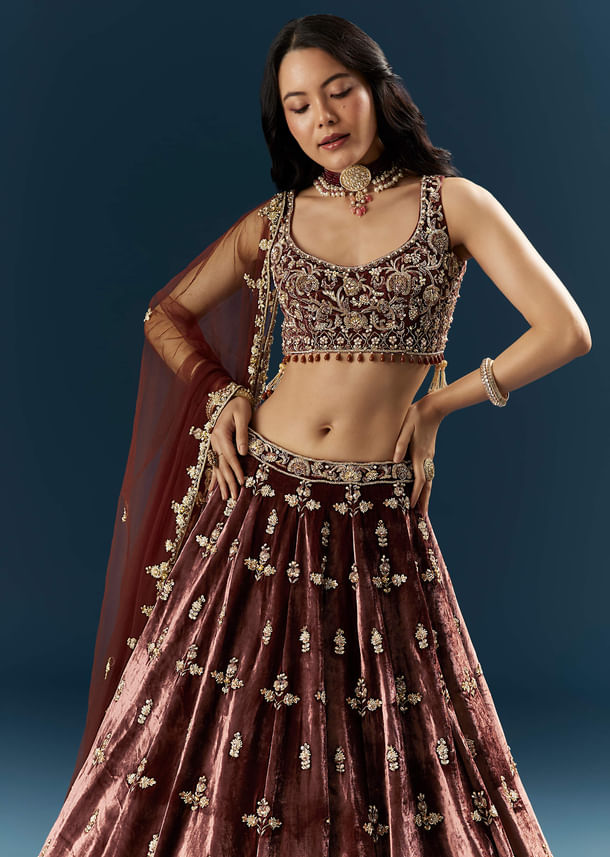 Brown Velvet Bridal Lehenga With Rose Gold Embroidery