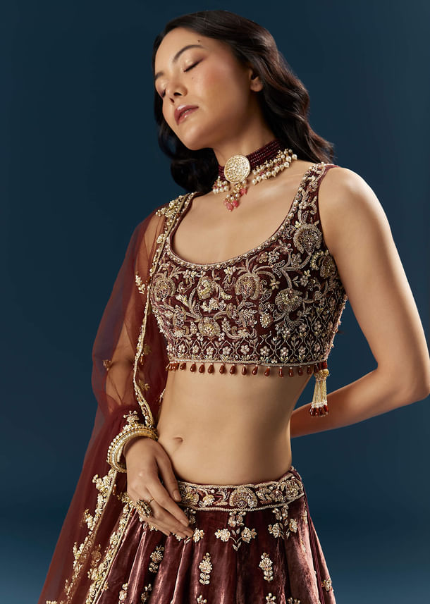 Brown Velvet Bridal Lehenga With Rose Gold Embroidery