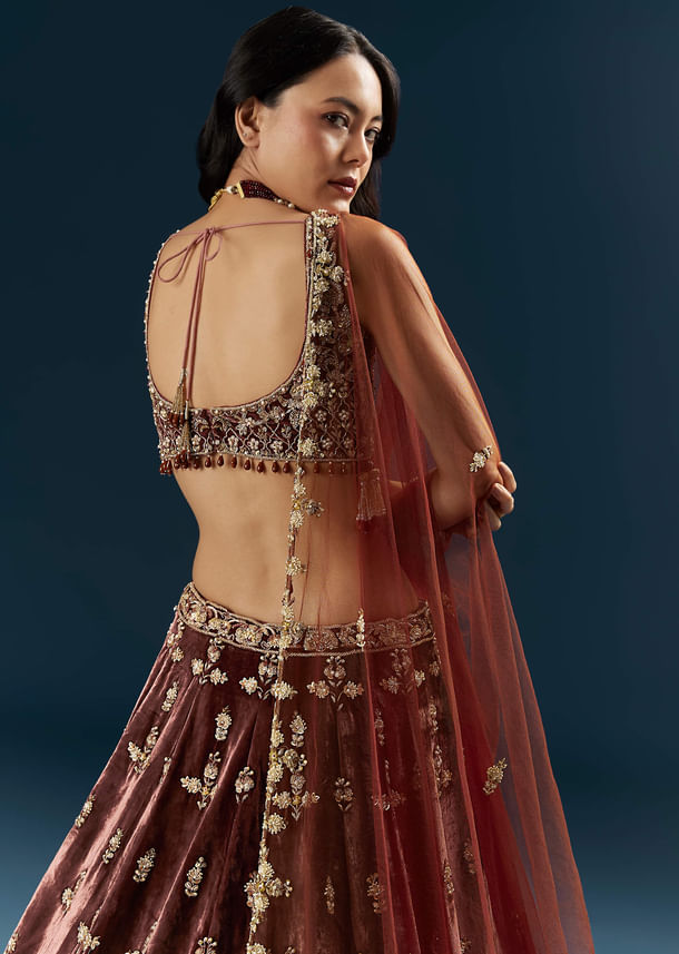 Brown Velvet Bridal Lehenga With Rose Gold Embroidery