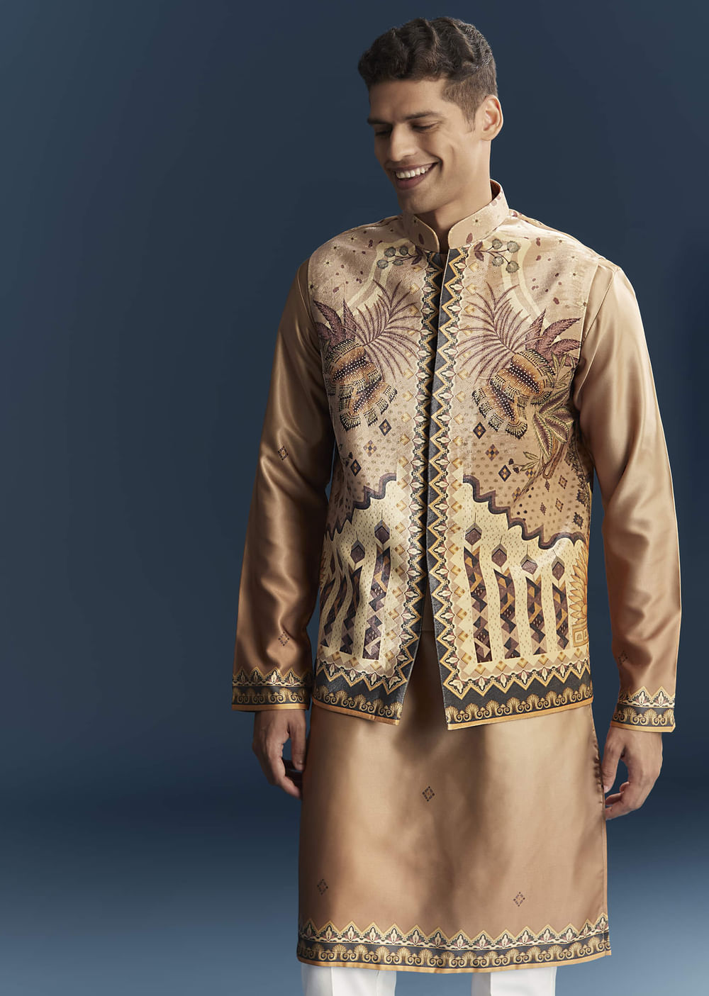 Brown Velvet Kurta Jacket Set For Men With Ornate Heritage Panels