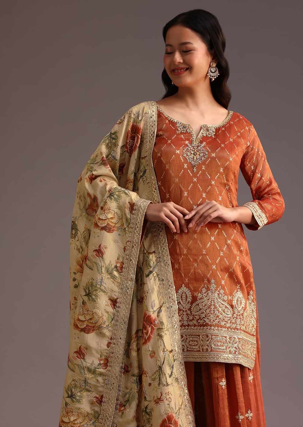 Brown And Gold Embroidered Palazzo Suit With Dupatta