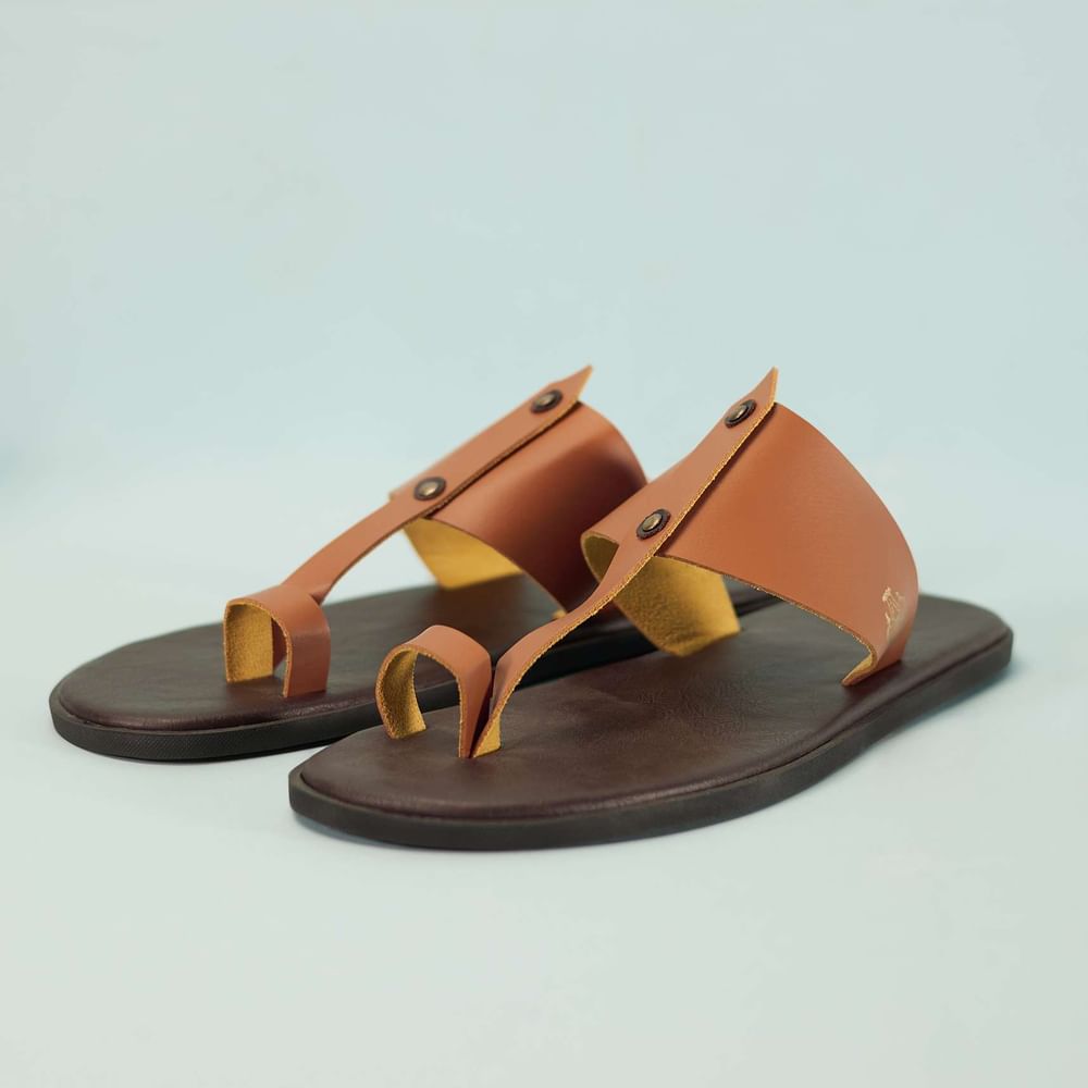 Dark And Tan Brown Strappy Slides For Men In Leather With Buttons