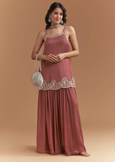 Brown Chinon Palazzo Suit With Sequins Hand Embroidery