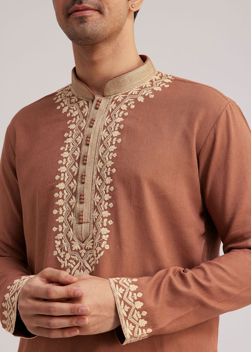 Brown Cotton Kurta Set With Embroidered Yoke And Sleeve Cuffs