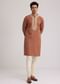 Brown Cotton Kurta Set With Embroidered Yoke And Sleeve Cuffs