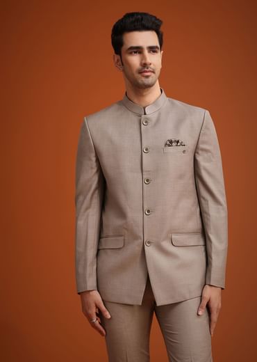 Brown Jodhpuri Set With Mandarin Collar