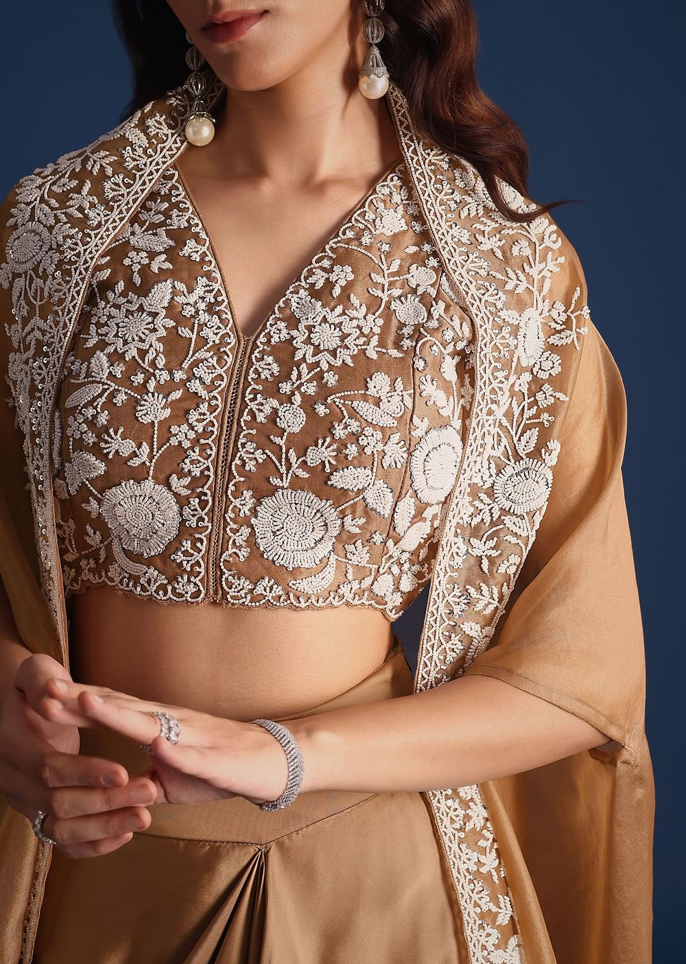 Brown Moti Work Jacket With Skirt And Crop Top