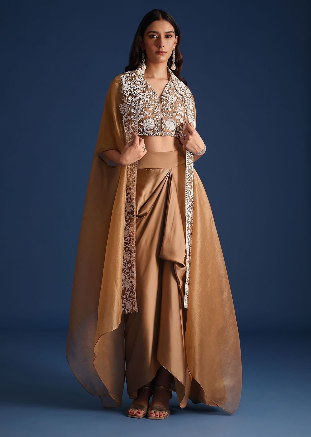 Brown Moti Work Jacket With Skirt And Crop Top