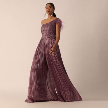 Brown Organza One Shoulder Jumpsuit With Feather Detail