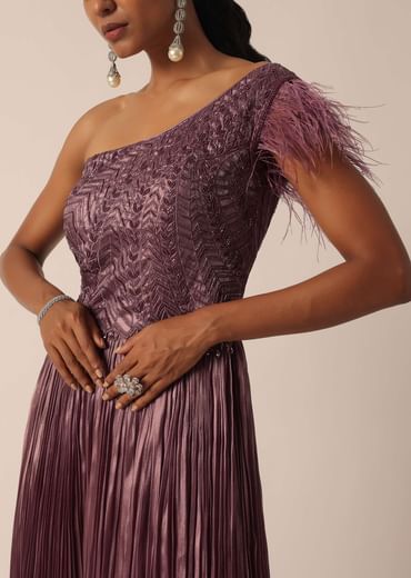 Brown Organza One Shoulder Jumpsuit With Feather Detail