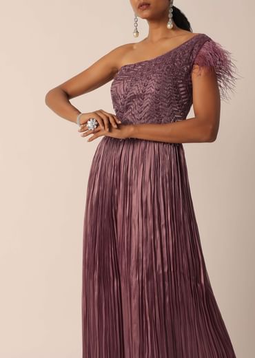 Brown Organza One Shoulder Jumpsuit With Feather Detail