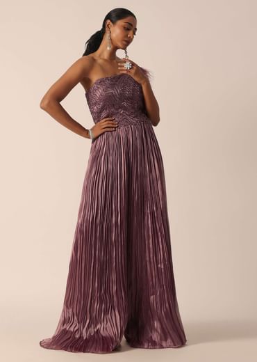 Brown Organza One Shoulder Jumpsuit With Feather Detail