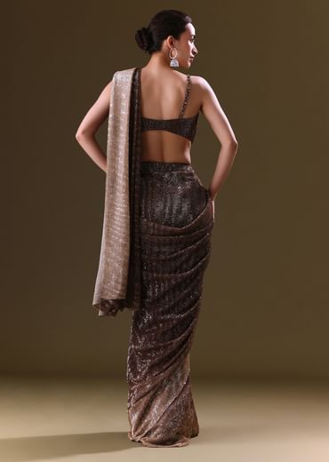 Brown Pre Stitched Saree With Cowl Blouse